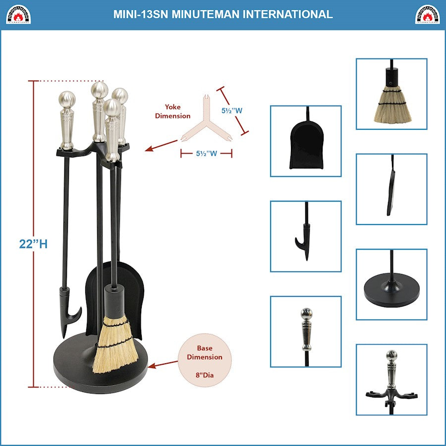ACHLA Minuteman Holden Mini Fireplace Tool Set | Traditional Cast Iron with Satin Nickel Accents | Wood & Pellet Stove Tending | Model MINI-13SN