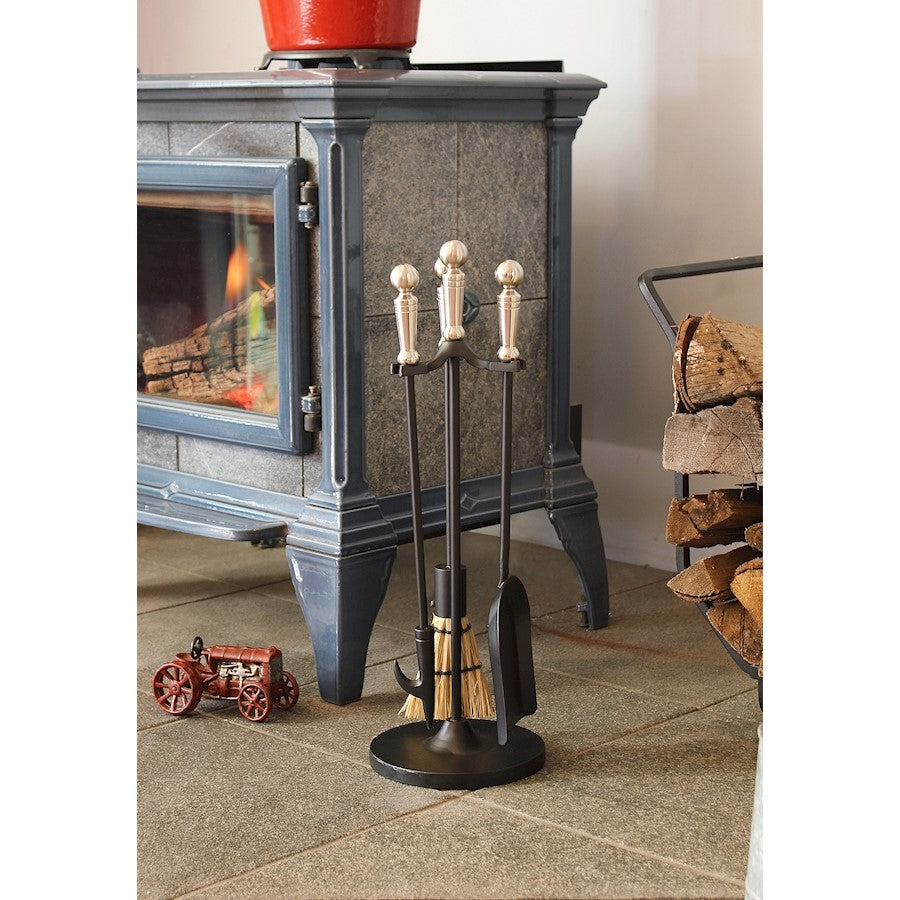 ACHLA Minuteman Holden Mini Fireplace Tool Set | Traditional Cast Iron with Satin Nickel Accents | Wood & Pellet Stove Tending | Model MINI-13SN