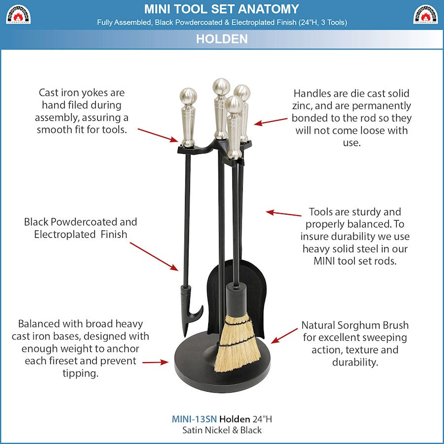 ACHLA Minuteman Holden Mini Fireplace Tool Set | Traditional Cast Iron with Satin Nickel Accents | Wood & Pellet Stove Tending | Model MINI-13SN