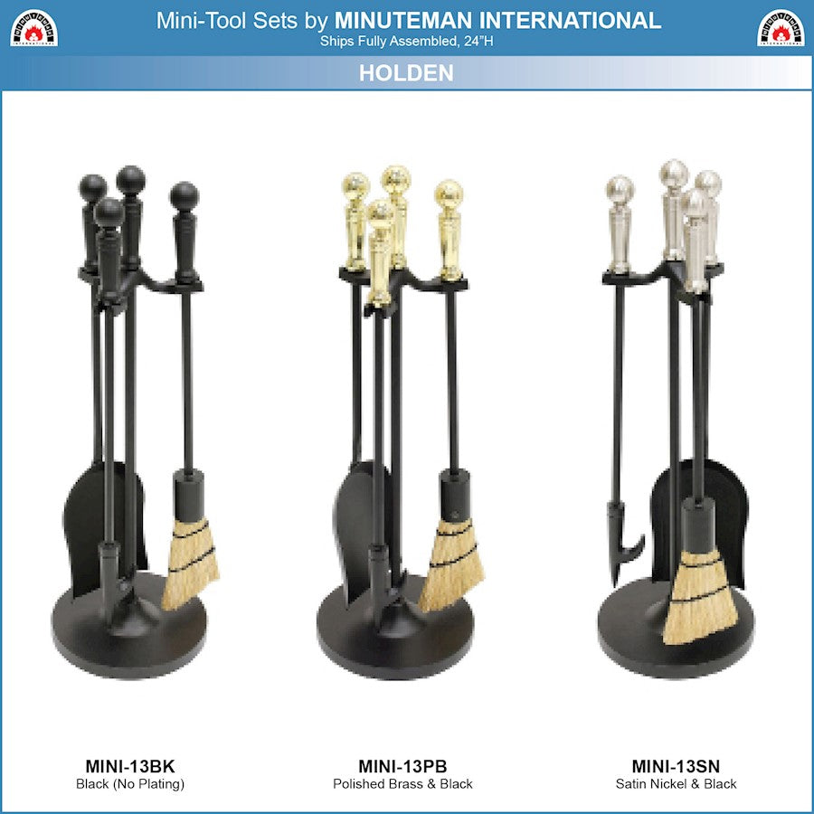 ACHLA Minuteman Holden Mini Fireplace Tool Set | Traditional Cast Iron with Satin Nickel Accents | Wood & Pellet Stove Tending | Model MINI-13SN