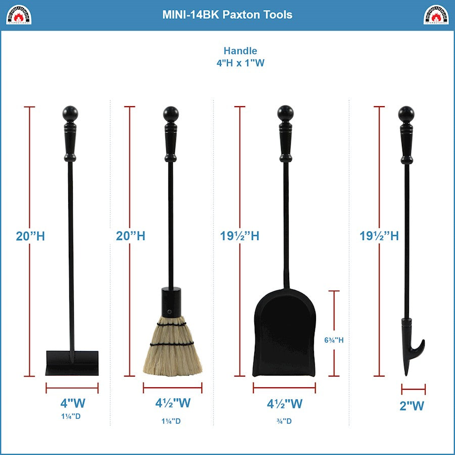 ACHLA Minuteman Paxton Mini Fireplace Tool Set | Traditional Cast Iron Black Powder Coat | Wood & Pellet Stove Tending | Model MINI-14BK