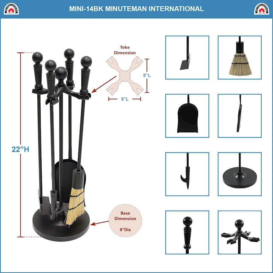 ACHLA Minuteman Paxton Mini Fireplace Tool Set | Traditional Cast Iron Black Powder Coat | Wood & Pellet Stove Tending | Model MINI-14BK