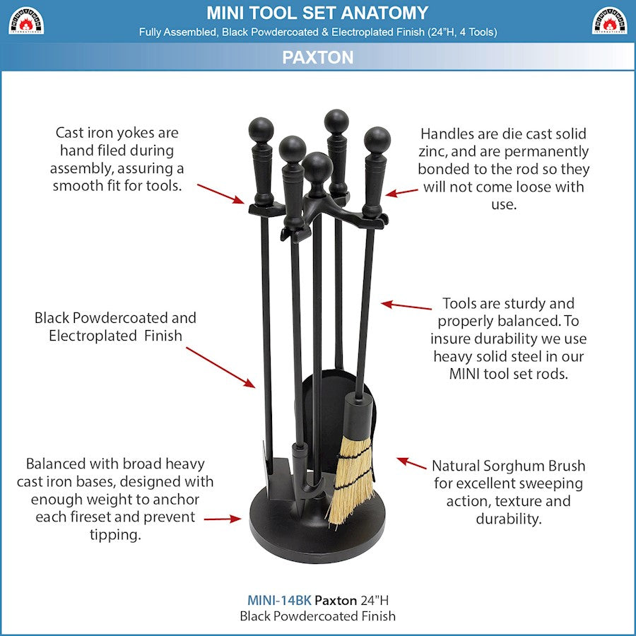 ACHLA Minuteman Paxton Mini Fireplace Tool Set | Traditional Cast Iron Black Powder Coat | Wood & Pellet Stove Tending | Model MINI-14BK