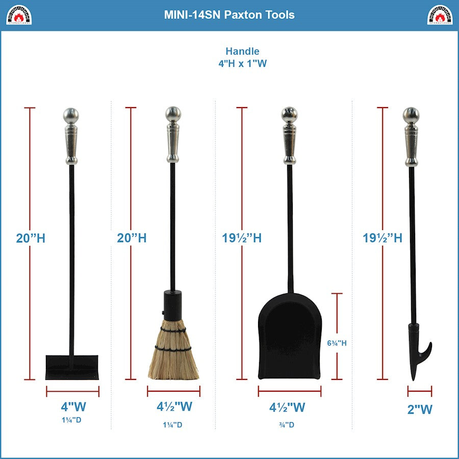 ACHLA Minuteman Paxton Mini Fireplace Tool Set | Cast Iron with Satin Nickel Accents | Wood & Pellet Stove Tending | Model MINI-14SN