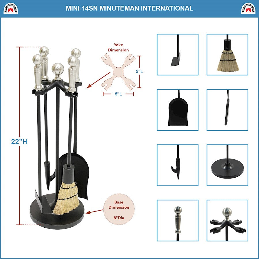 ACHLA Minuteman Paxton Mini Fireplace Tool Set | Cast Iron with Satin Nickel Accents | Wood & Pellet Stove Tending | Model MINI-14SN