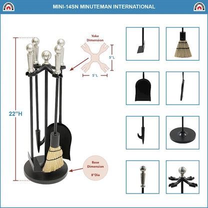 ACHLA Minuteman Paxton Mini Fireplace Tool Set | Cast Iron with Satin Nickel Accents | Wood & Pellet Stove Tending | Model MINI-14SN