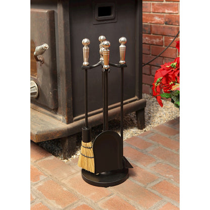 ACHLA Minuteman Paxton Mini Fireplace Tool Set | Cast Iron with Satin Nickel Accents | Wood & Pellet Stove Tending | Model MINI-14SN