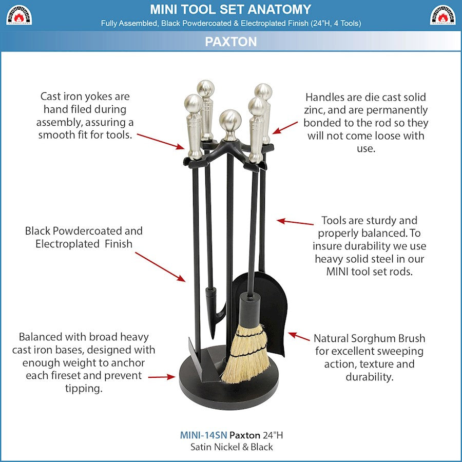 ACHLA Minuteman Paxton Mini Fireplace Tool Set | Cast Iron with Satin Nickel Accents | Wood & Pellet Stove Tending | Model MINI-14SN