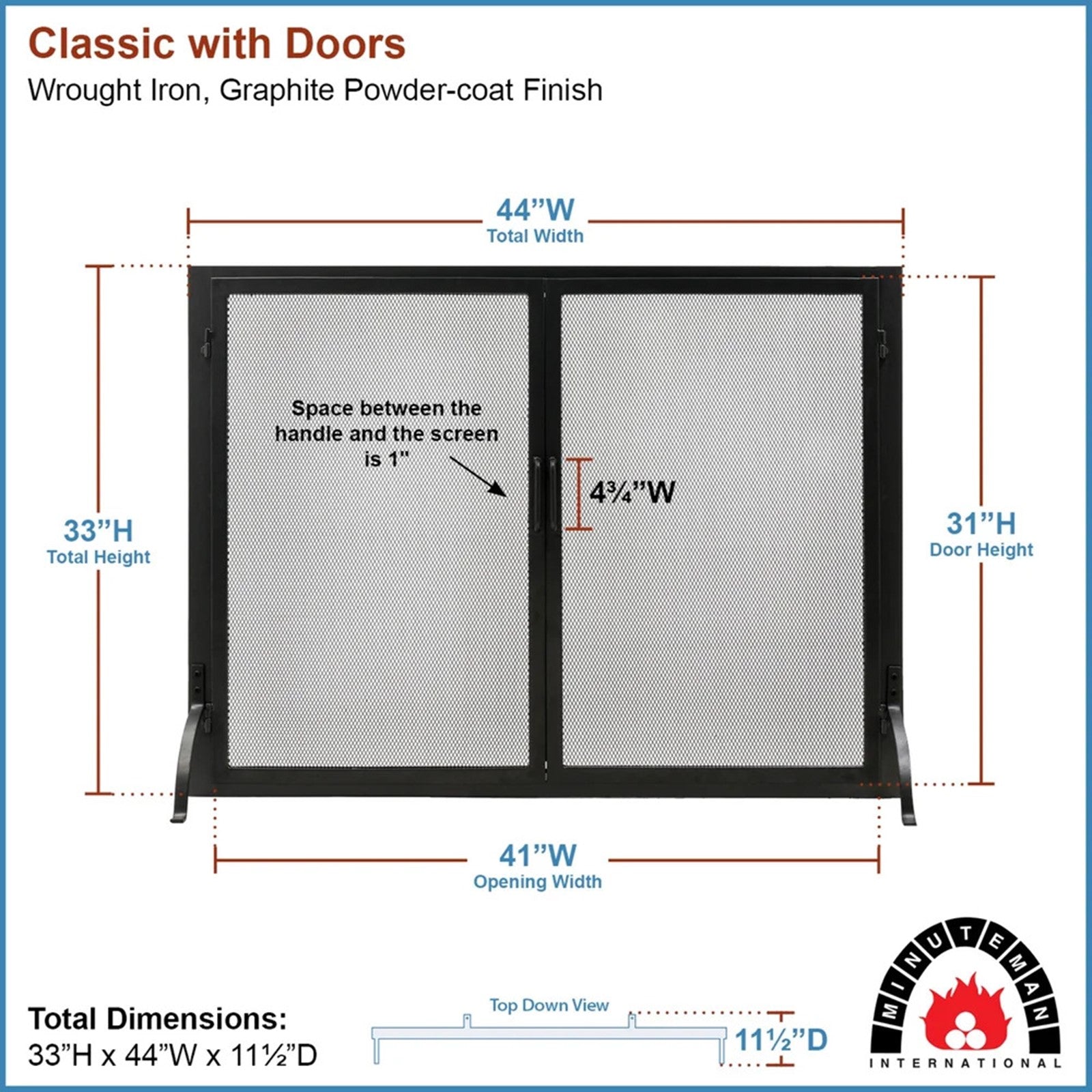 Minuteman International Classic Fireplace Screen with Doors 44in | Graphite Wrought Iron | Living Room & Covered Patio | 44 x 5 x 33 in | Model S-63L