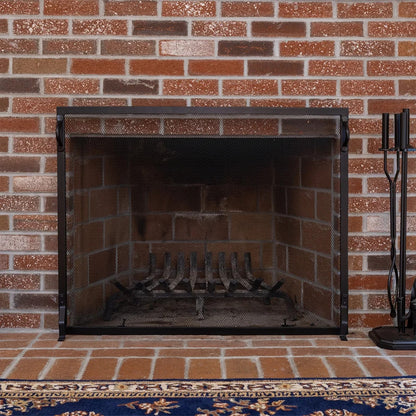 Minuteman International Plain By Design 44in Fireplace Screen | Black Wrought Iron Flat Mesh | Living Room & Hearth Safety | Model SA-4433