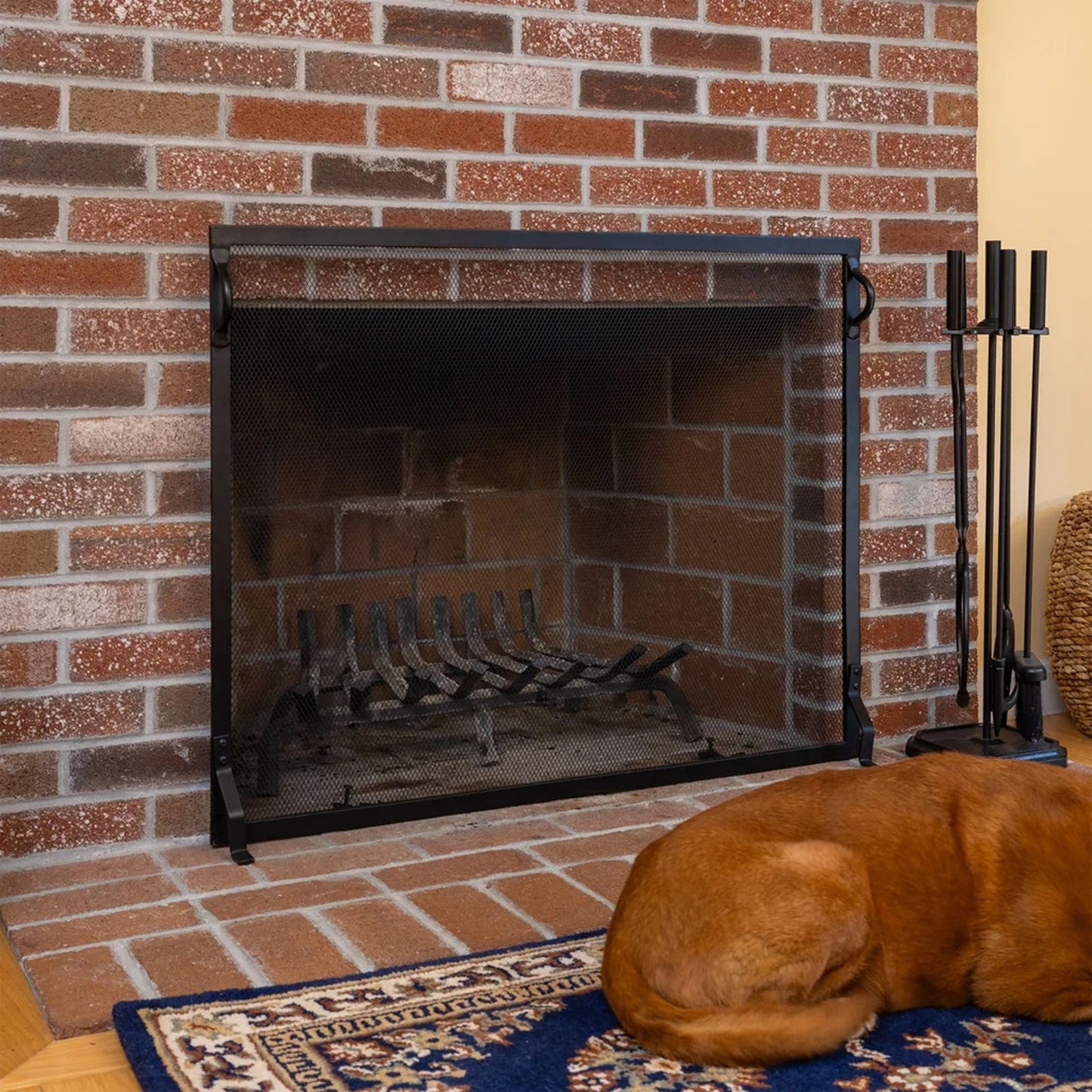 Minuteman International Plain By Design 44in Fireplace Screen | Black Wrought Iron Flat Mesh | Living Room & Hearth Safety | Model SA-4433