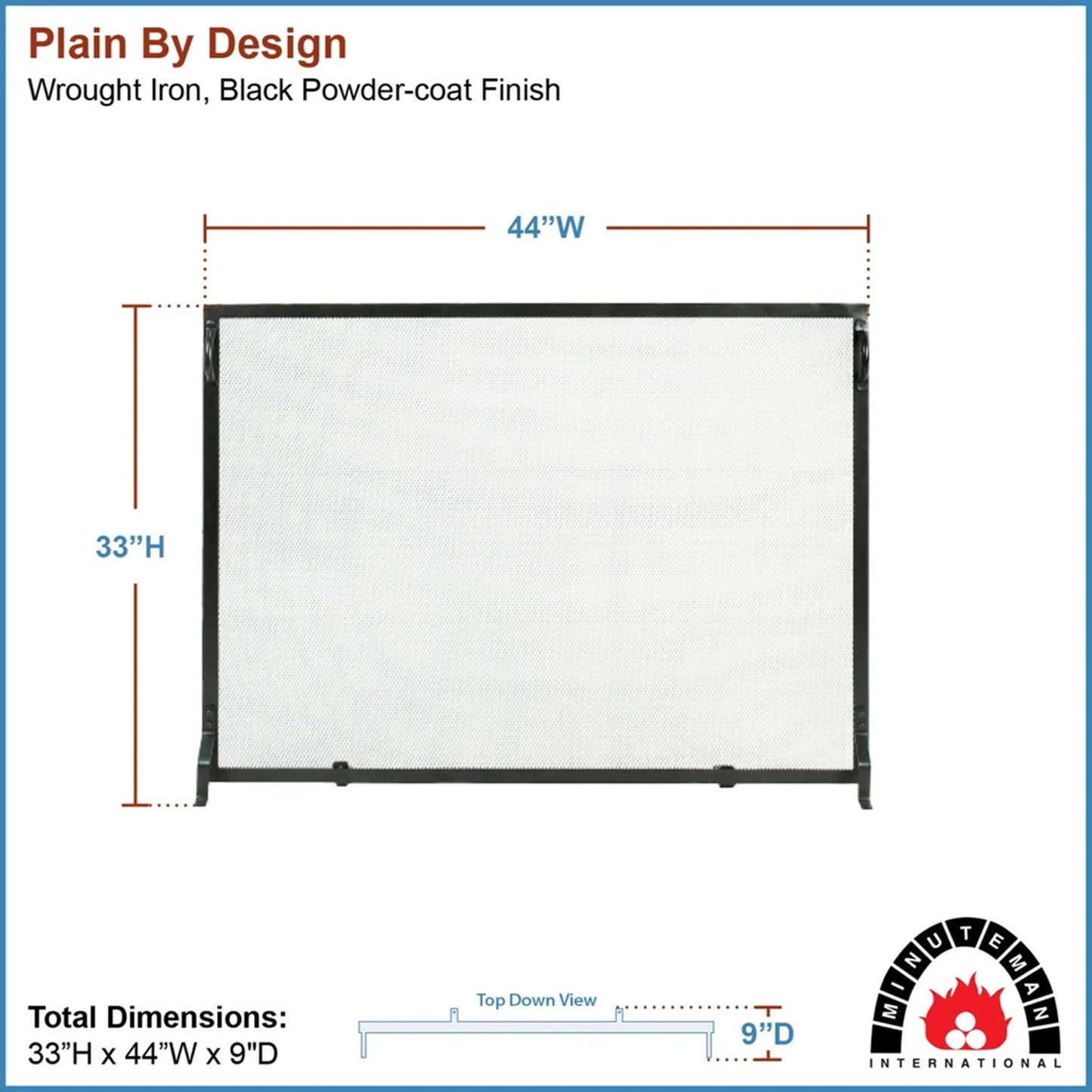Minuteman International Plain By Design 44in Fireplace Screen | Black Wrought Iron Flat Mesh | Living Room & Hearth Safety | Model SA-4433