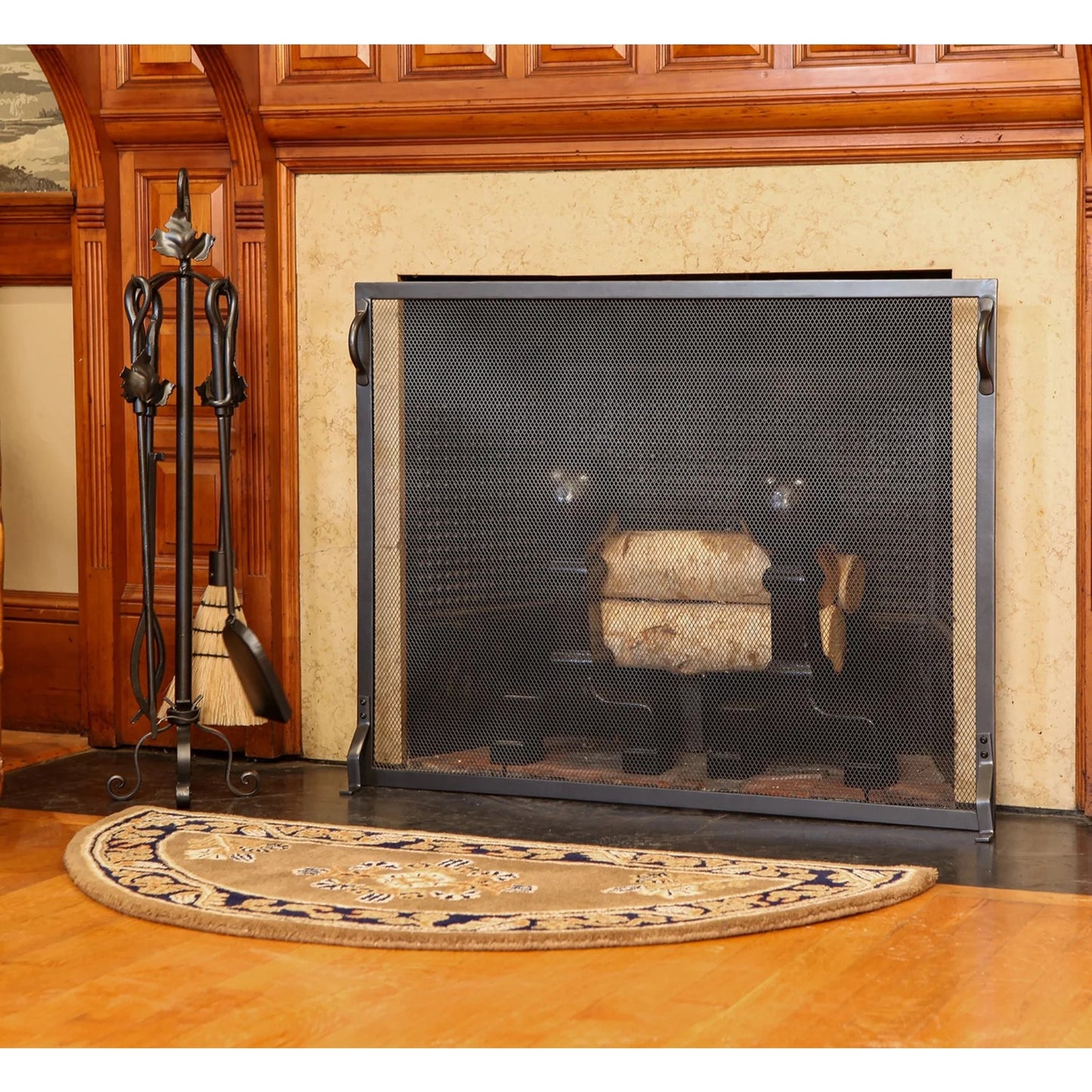 Minuteman International Plain By Design 50in x 36in Fireplace Screen | Black Wrought Iron Expanded Mesh | Living Room & Hearth Safety | Model SA-5036