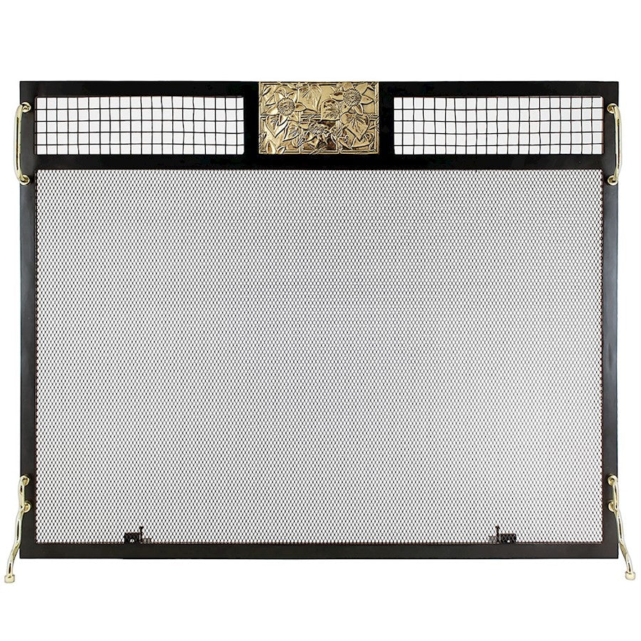 ACHLA Clematis Emblem 38in Flat Fireplace Screen | Wrought Iron Matte Black Frame with Polished Brass Accents | Living Room & | Model SES-3830PC