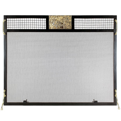ACHLA Clematis Emblem 38in Flat Fireplace Screen | Wrought Iron Matte Black Frame with Polished Brass Accents | Living Room & | Model SES-3830PC