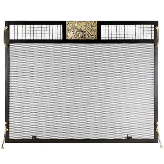 ACHLA Clematis Emblem 38in Flat Fireplace Screen | Wrought Iron Matte Black Frame with Polished Brass Accents | Living Room & | Model SES-3830PC