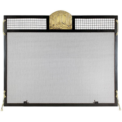 ACHLA Minuteman International Forest Fox 38in Flat Fireplace Screen | Wrought Iron Matte Black Frame with Polished Brass Accents | Model SES-3830PF