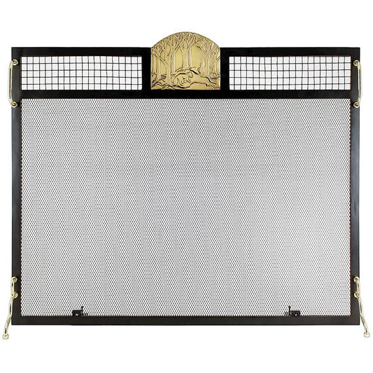 ACHLA Minuteman International Forest Fox 38in Flat Fireplace Screen | Wrought Iron Matte Black Frame with Polished Brass Accents | Model SES-3830PF