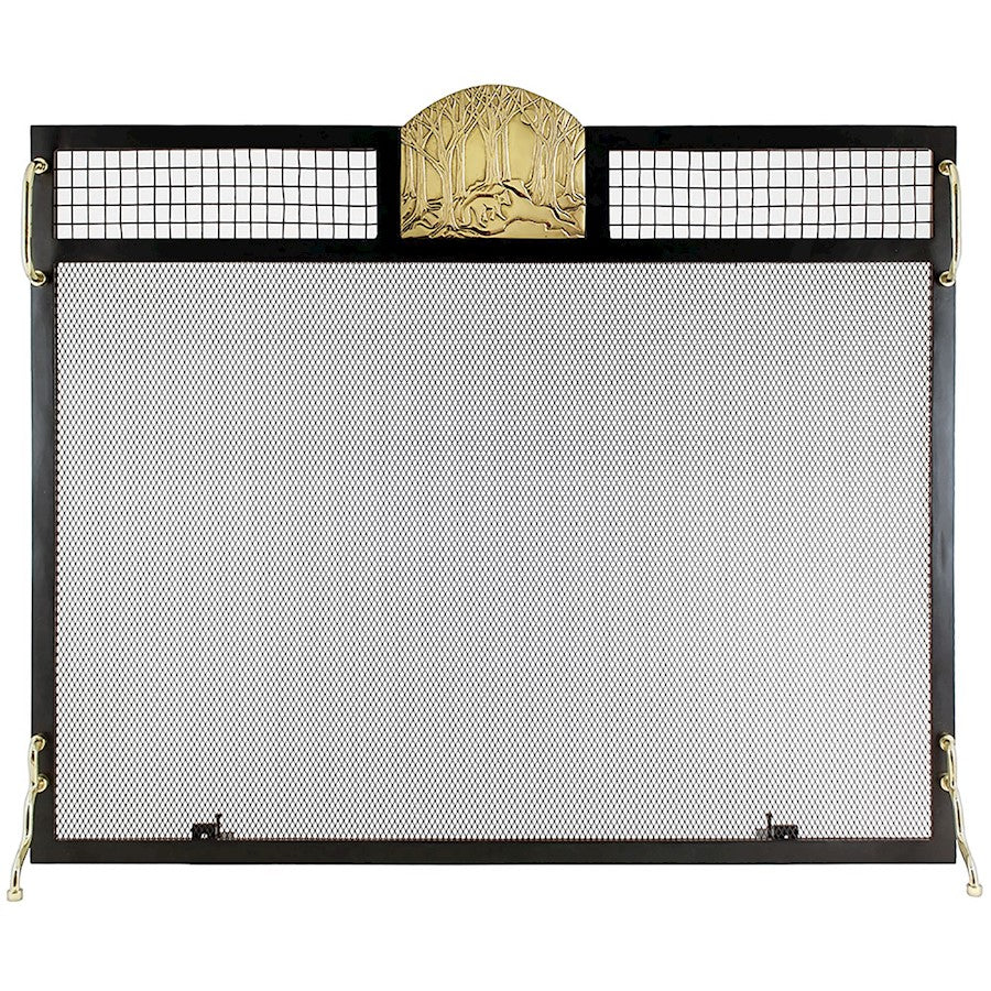 ACHLA Minuteman International Forest Fox 38in Flat Fireplace Screen | Wrought Iron Matte Black Frame with Polished Brass Accents | Model SES-3830PF