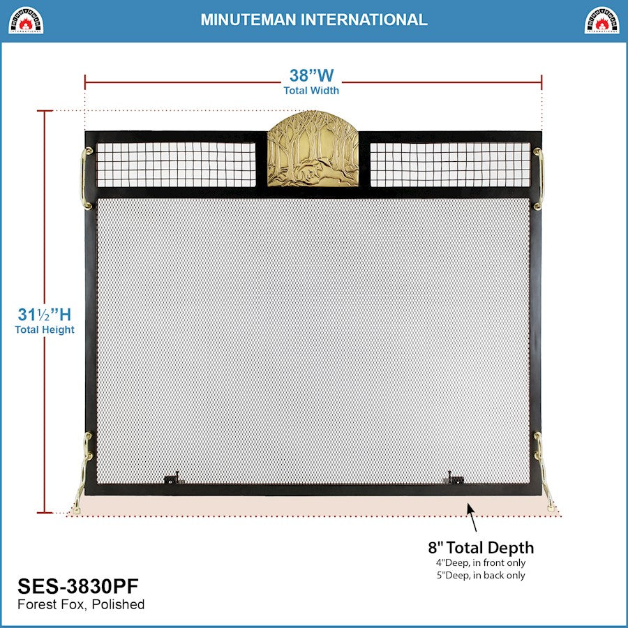 ACHLA Minuteman International Forest Fox 38in Flat Fireplace Screen | Wrought Iron Matte Black Frame with Polished Brass Accents | Model SES-3830PF