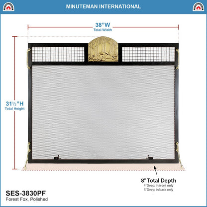 ACHLA Minuteman International Forest Fox 38in Flat Fireplace Screen | Wrought Iron Matte Black Frame with Polished Brass Accents | Model SES-3830PF