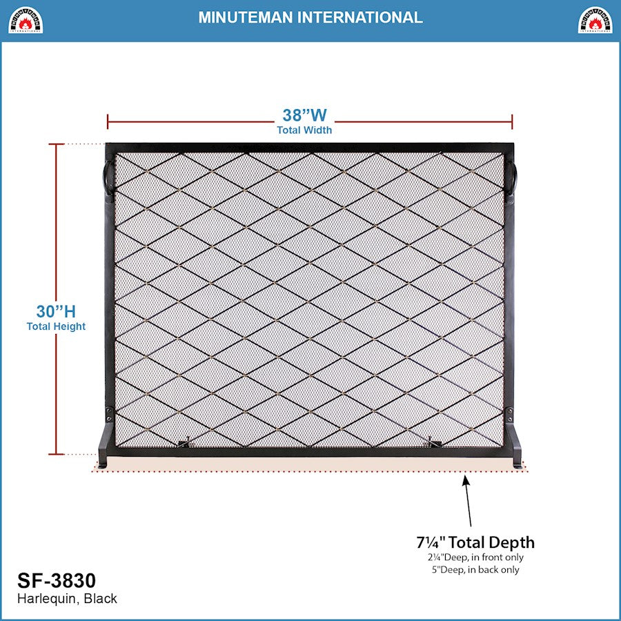 ACHLA Harlequin 38x30in Flat Fireplace Screen | Wrought Iron Black Powdercoat with Brass Accents | Living Room & Hearth Protection | Model SF-3830