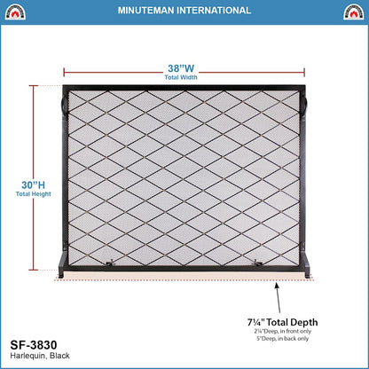 ACHLA Harlequin 38x30in Flat Fireplace Screen | Wrought Iron Black Powdercoat with Brass Accents | Living Room & Hearth Protection | Model SF-3830