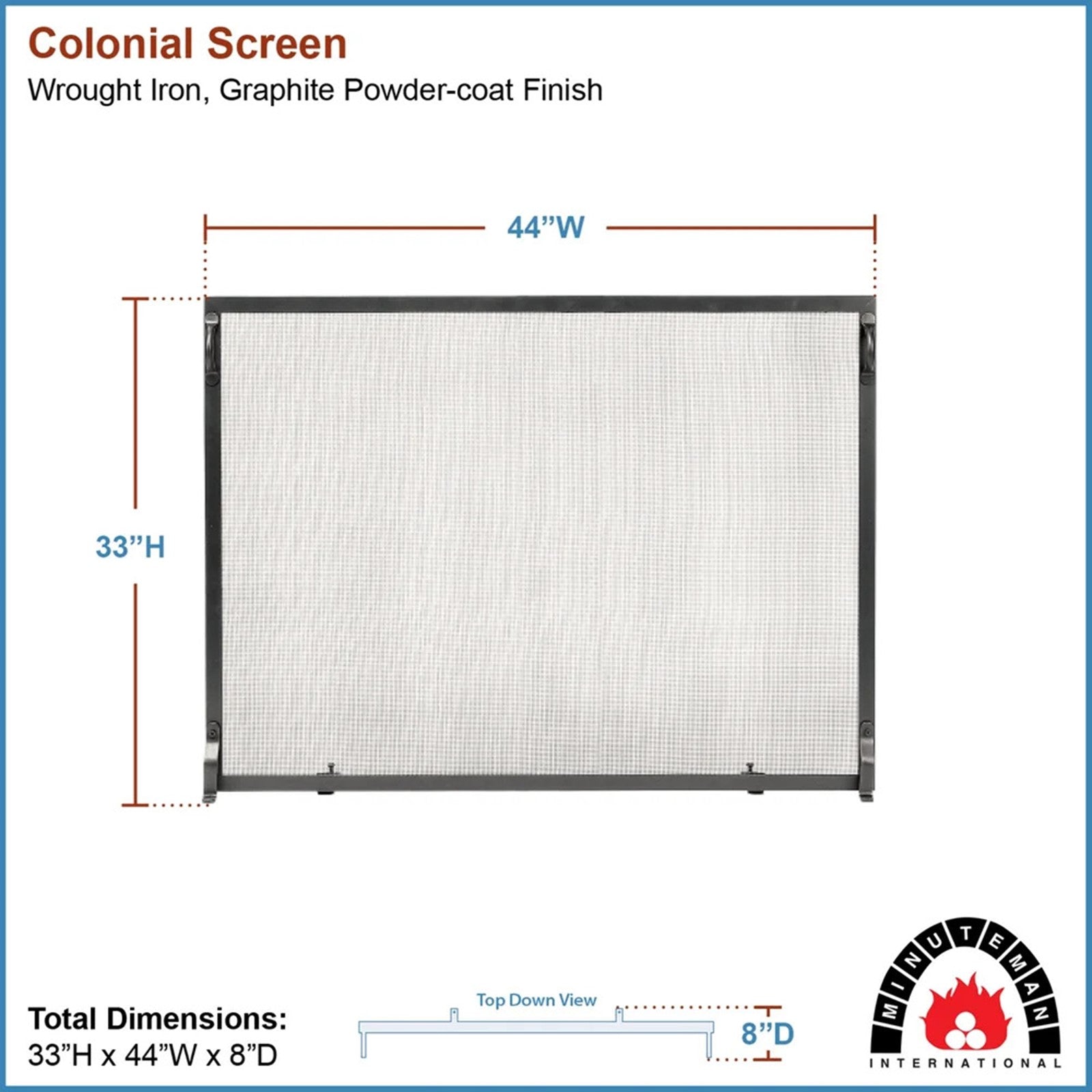 Minuteman International Colonial 44x33in Fireplace Screen | Graphite Wrought Iron Flat Screen | Living Room & Indoor-Outdoor Hearth | Model SS-4433