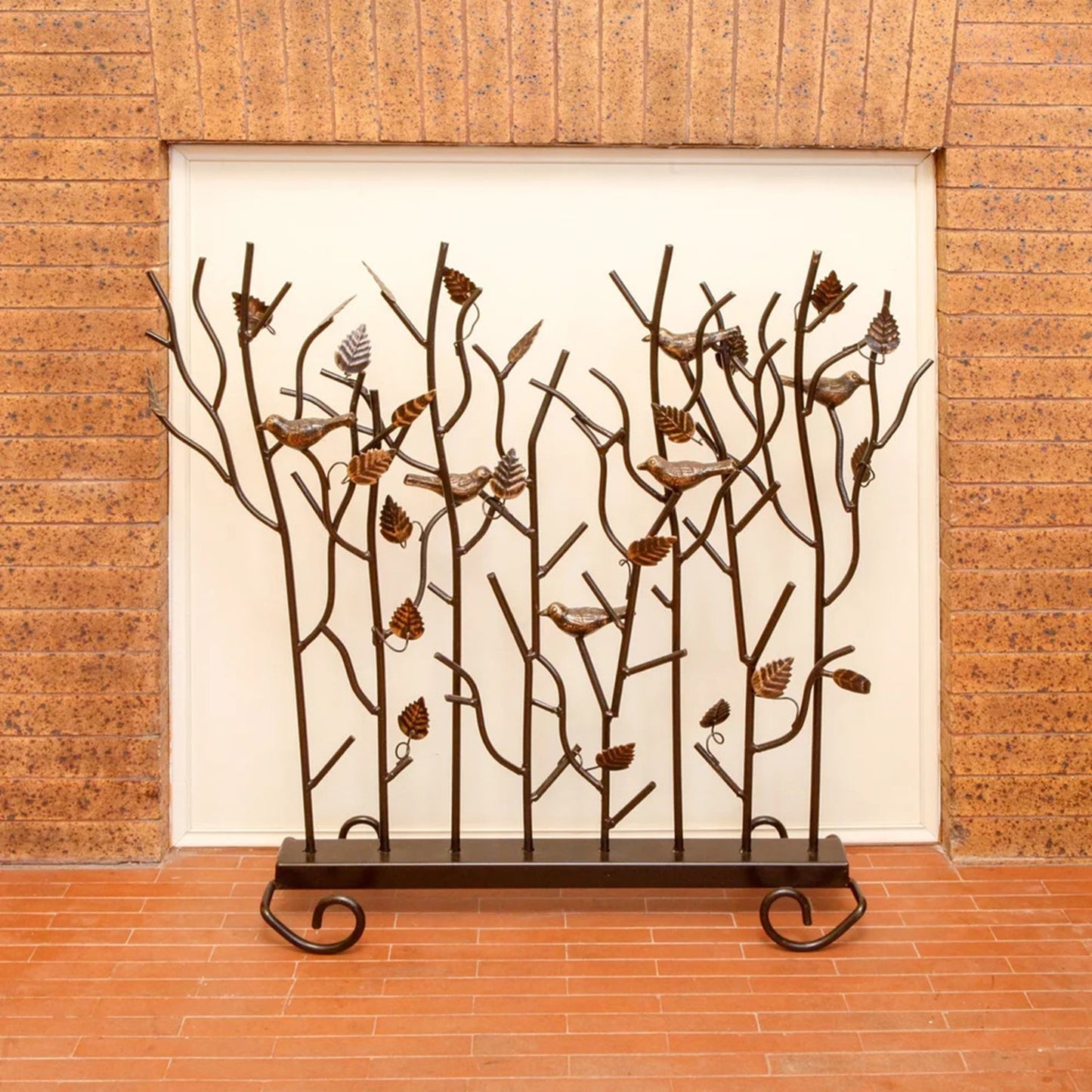 Minuteman International Birds Summer Screen | Rustic Wrought Iron Fireplace Screen with Gold-Tone Birds | Roman Bronze Powder Coat | Model SSB-01