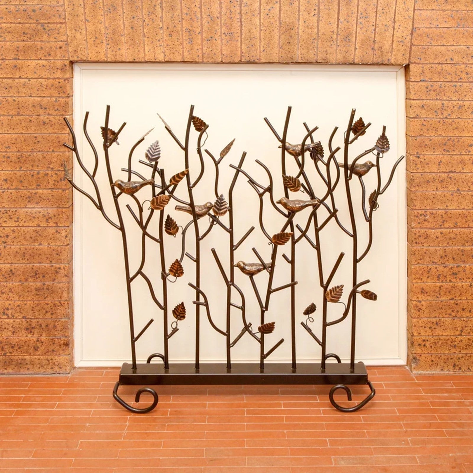 Minuteman International Birds Summer Screen | Rustic Wrought Iron Fireplace Screen with Gold-Tone Birds | Roman Bronze Powder Coat | Model SSB-01
