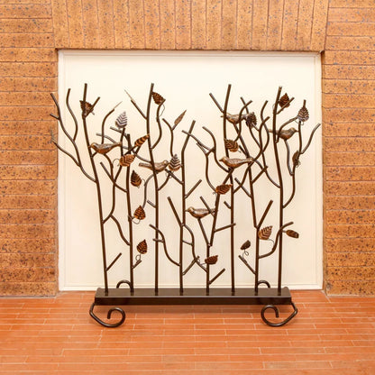 Minuteman International Birds Summer Screen | Rustic Wrought Iron Fireplace Screen with Gold-Tone Birds | Roman Bronze Powder Coat | Model SSB-01