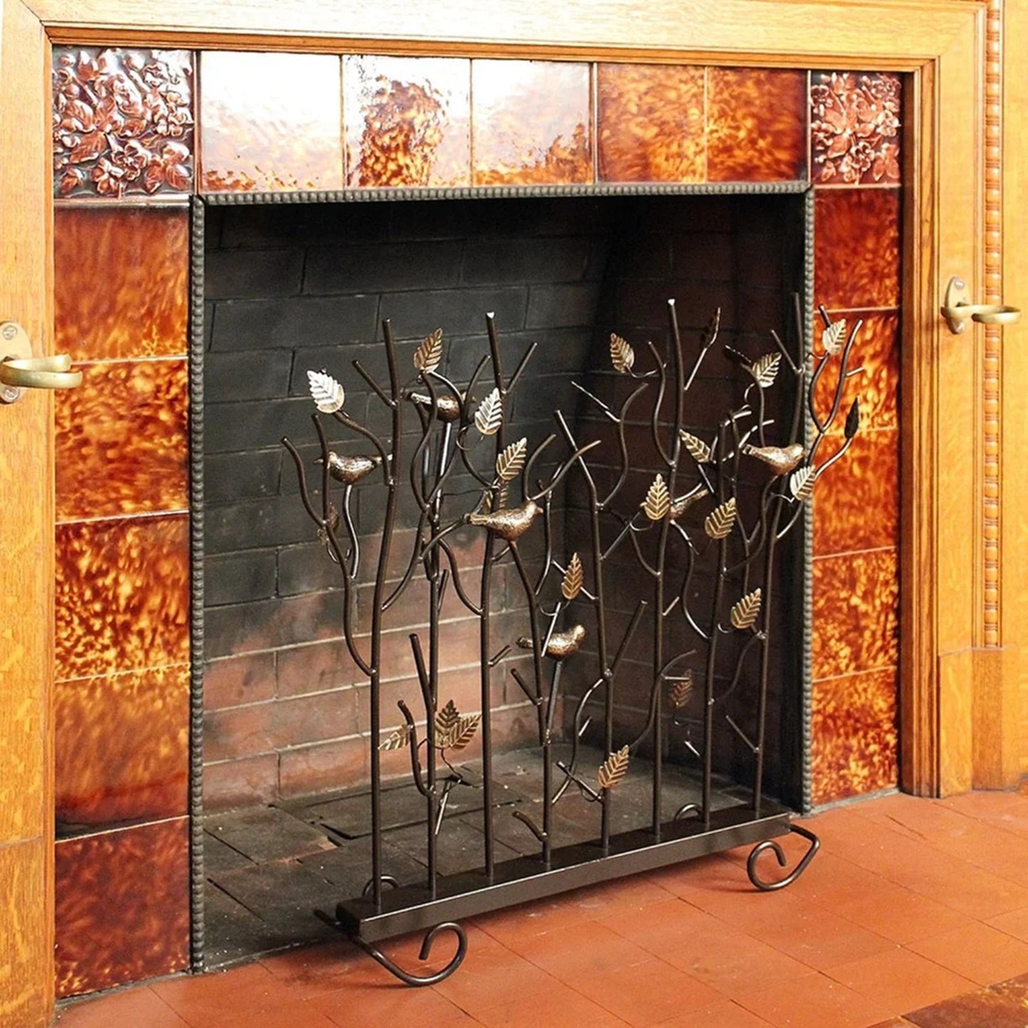 Minuteman International Birds Summer Screen | Rustic Wrought Iron Fireplace Screen with Gold-Tone Birds | Roman Bronze Powder Coat | Model SSB-01