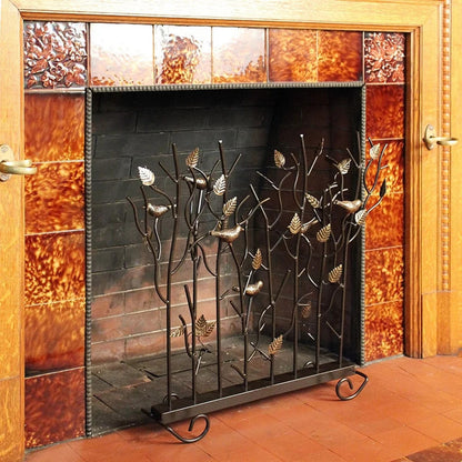 Minuteman International Birds Summer Screen | Rustic Wrought Iron Fireplace Screen with Gold-Tone Birds | Roman Bronze Powder Coat | Model SSB-01