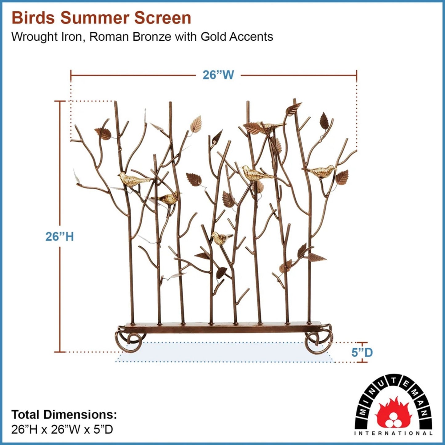 Minuteman International Birds Summer Screen | Rustic Wrought Iron Fireplace Screen with Gold-Tone Birds | Roman Bronze Powder Coat | Model SSB-01