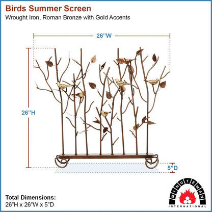Minuteman International Birds Summer Screen | Rustic Wrought Iron Fireplace Screen with Gold-Tone Birds | Roman Bronze Powder Coat | Model SSB-01