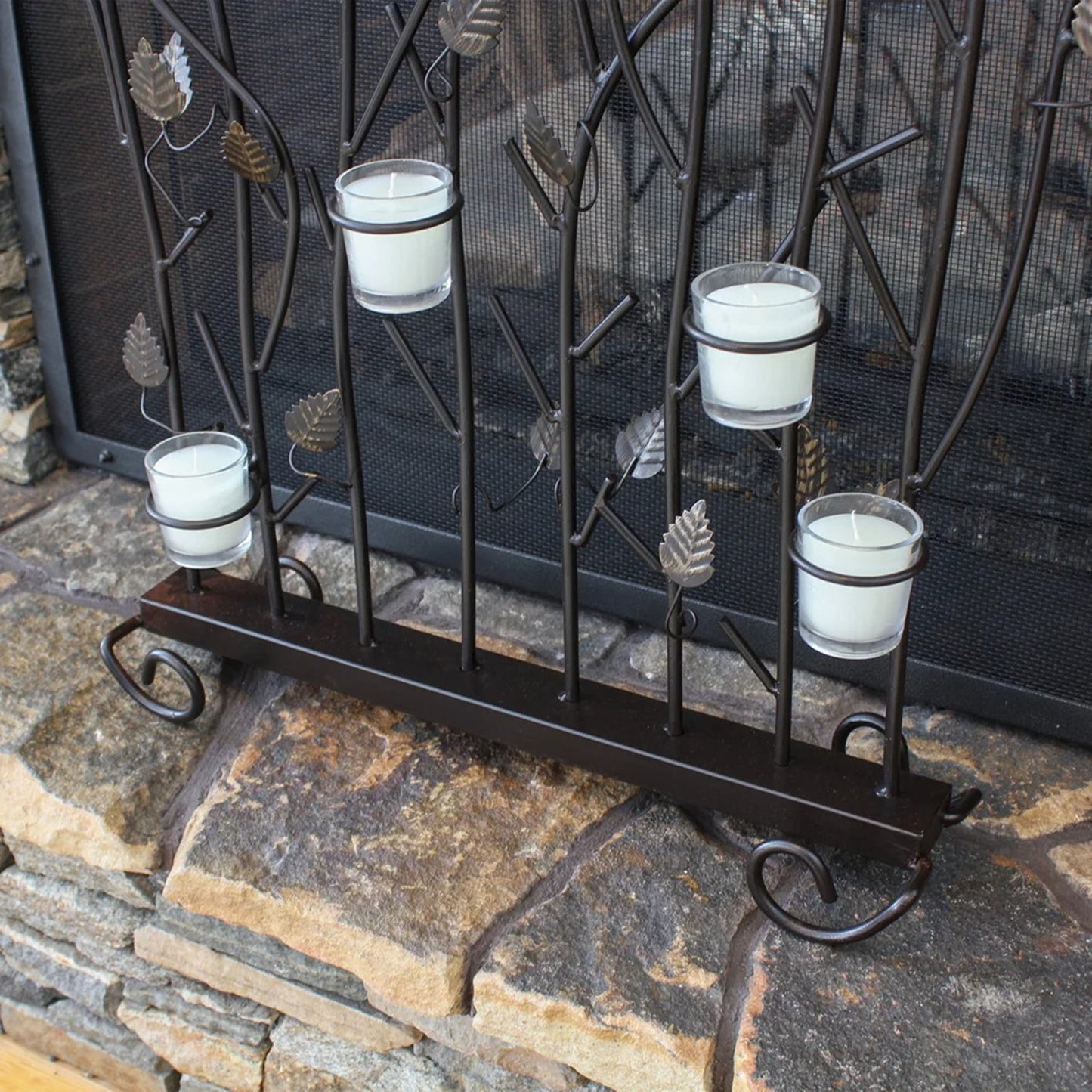 Minuteman International Summer Screen for Votives | Wrought Iron Roman Bronze with Gold Accents | Fireplace & Patio Decorative Screen | Model SSB-02