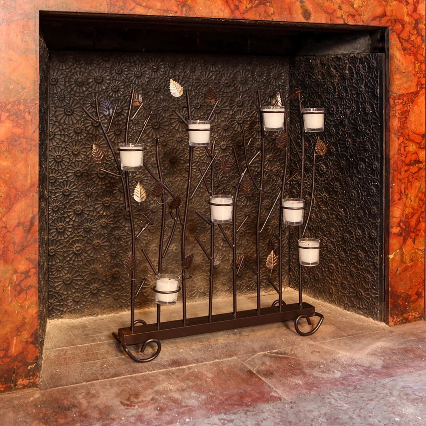 Minuteman International Summer Screen for Votives | Wrought Iron Roman Bronze with Gold Accents | Fireplace & Patio Decorative Screen | Model SSB-02