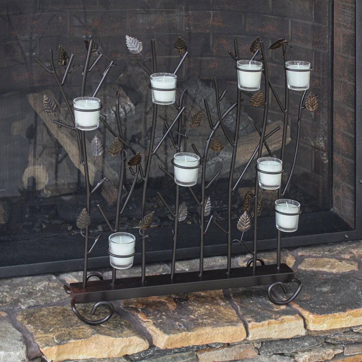 Minuteman International Summer Screen for Votives | Wrought Iron Roman Bronze with Gold Accents | Fireplace & Patio Decorative Screen | Model SSB-02