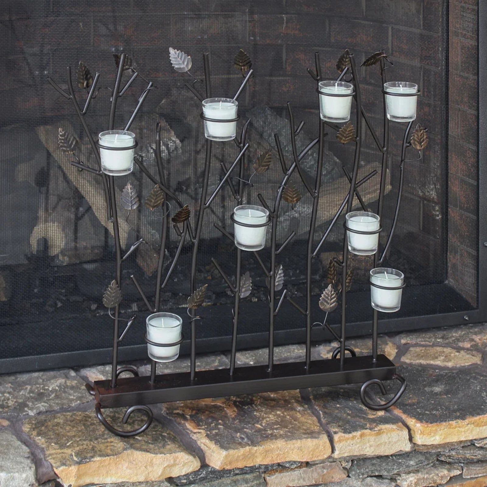 Minuteman International Summer Screen for Votives | Wrought Iron Roman Bronze with Gold Accents | Fireplace & Patio Decorative Screen | Model SSB-02