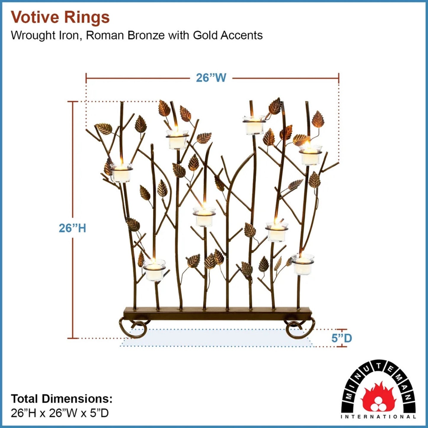Minuteman International Summer Screen for Votives | Wrought Iron Roman Bronze with Gold Accents | Fireplace & Patio Decorative Screen | Model SSB-02