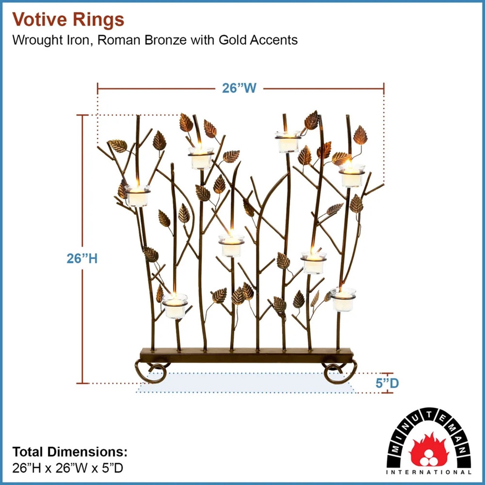 Minuteman International Summer Screen for Votives | Wrought Iron Roman Bronze with Gold Accents | Fireplace & Patio Decorative Screen | Model SSB-02