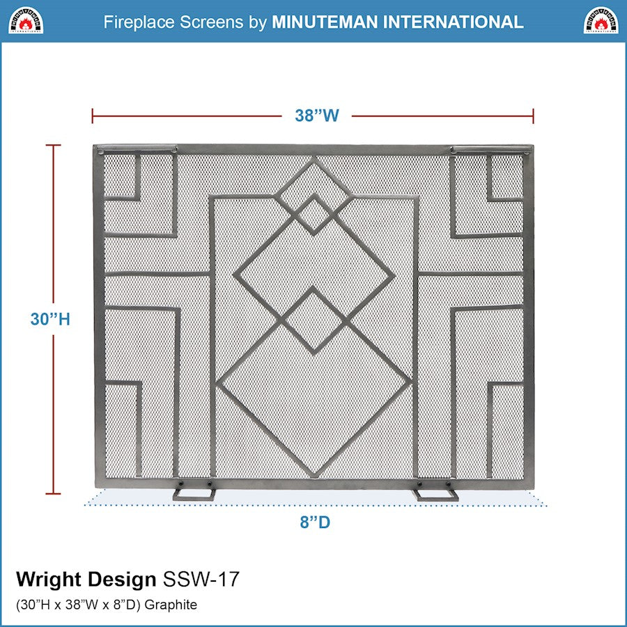 ACHLA Minuteman International Wright Design Fireplace Screen 38in | Arts & Crafts Graphite Wrought Iron | Living Room & Hearth Safety | Model SSW-17