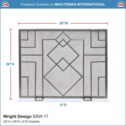 ACHLA Minuteman International Wright Design Fireplace Screen 38in | Arts & Crafts Graphite Wrought Iron | Living Room & Hearth Safety | Model SSW-17