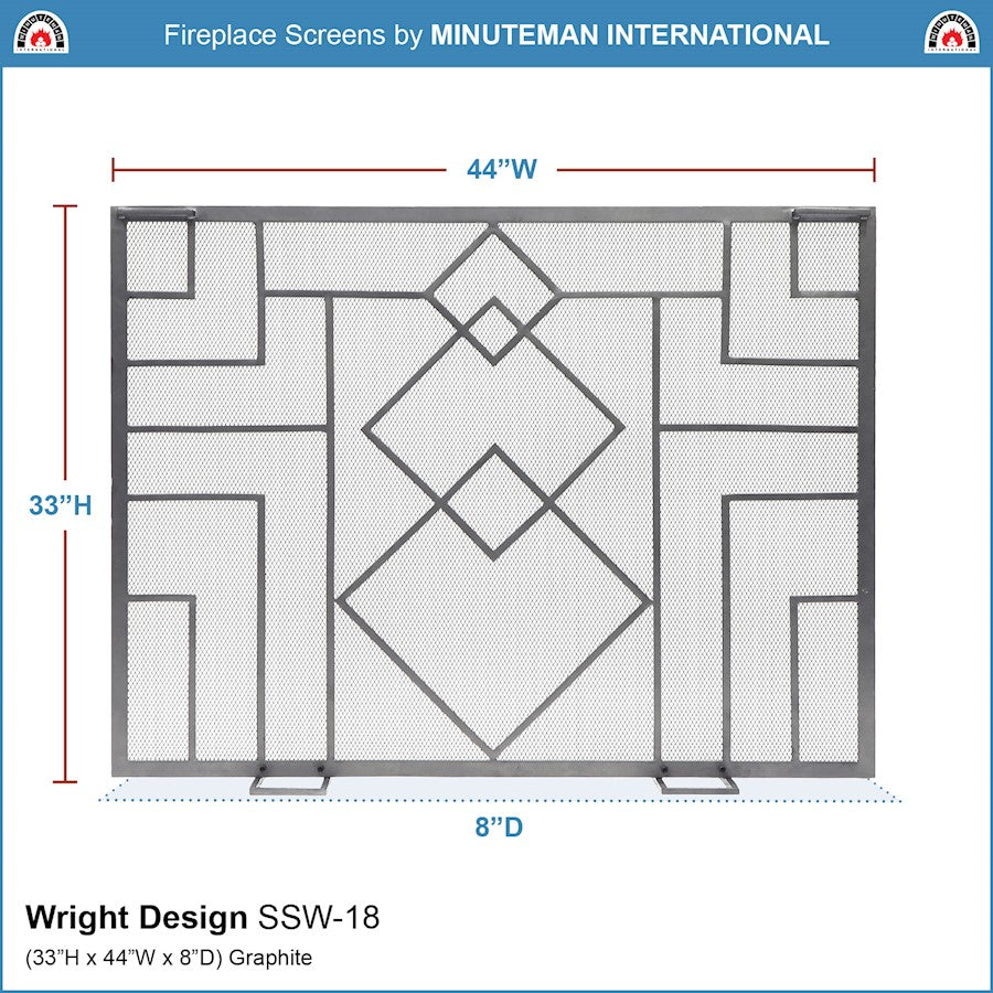 ACHLA Minuteman International 44in Wright Design Fireplace Screen | Arts & Crafts Graphite Wrought Iron | Living Room & Hearth | Model SSW-18