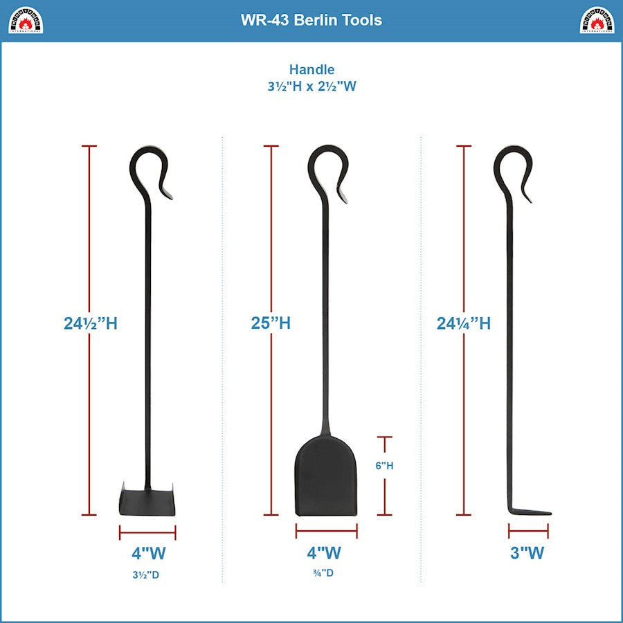 ACHLA Berlin 32in Fireplace Tool Set | Wrought Iron Black Powder Coating | Hearth & Woodstove Accessory | 9 x 9 x 32 in | Model WR-43