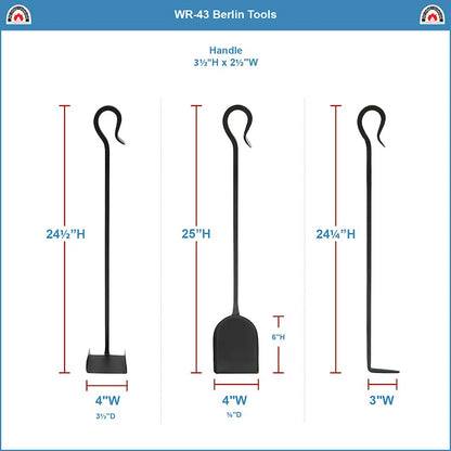 ACHLA Berlin 32in Fireplace Tool Set | Wrought Iron Black Powder Coating | Hearth & Woodstove Accessory | 9 x 9 x 32 in | Model WR-43
