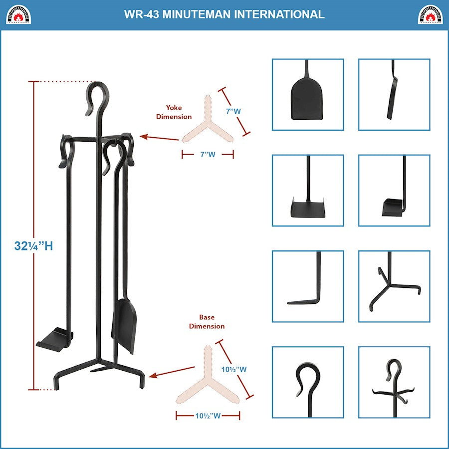 ACHLA Berlin 32in Fireplace Tool Set | Wrought Iron Black Powder Coating | Hearth & Woodstove Accessory | 9 x 9 x 32 in | Model WR-43