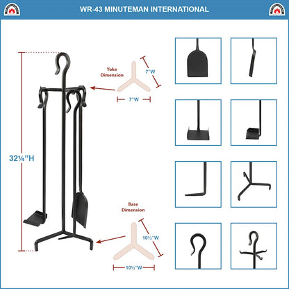 ACHLA Berlin 32in Fireplace Tool Set | Wrought Iron Black Powder Coating | Hearth & Woodstove Accessory | 9 x 9 x 32 in | Model WR-43