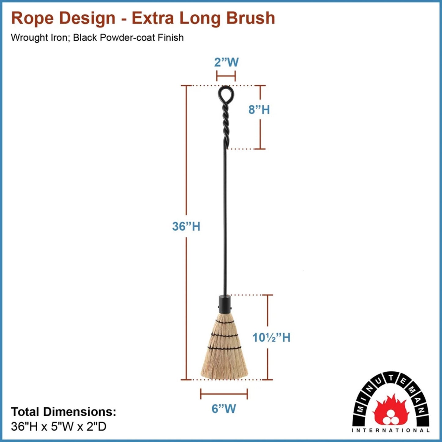 Minuteman International Extra Long Rope Design Brush 36in | Black Wrought Iron Fireplace Tool | Hearth & Fireplace Cleaning | Model WRL-02B
