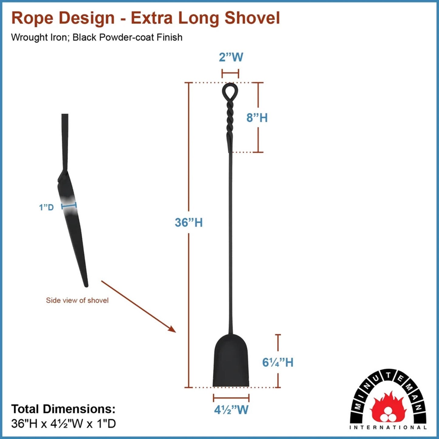 Minuteman International WRL-02S 36in Extra Long Rope Design Shovel | Black Powder Coated Wrought Iron | Fireplace & Hearth Tool | Model WRL-02S